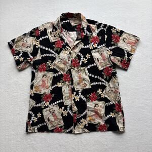 Aloha Republic Hawaiian Shirt Mens XL Black‎ Hula Dancer Hibiscus Cotton Hawaii